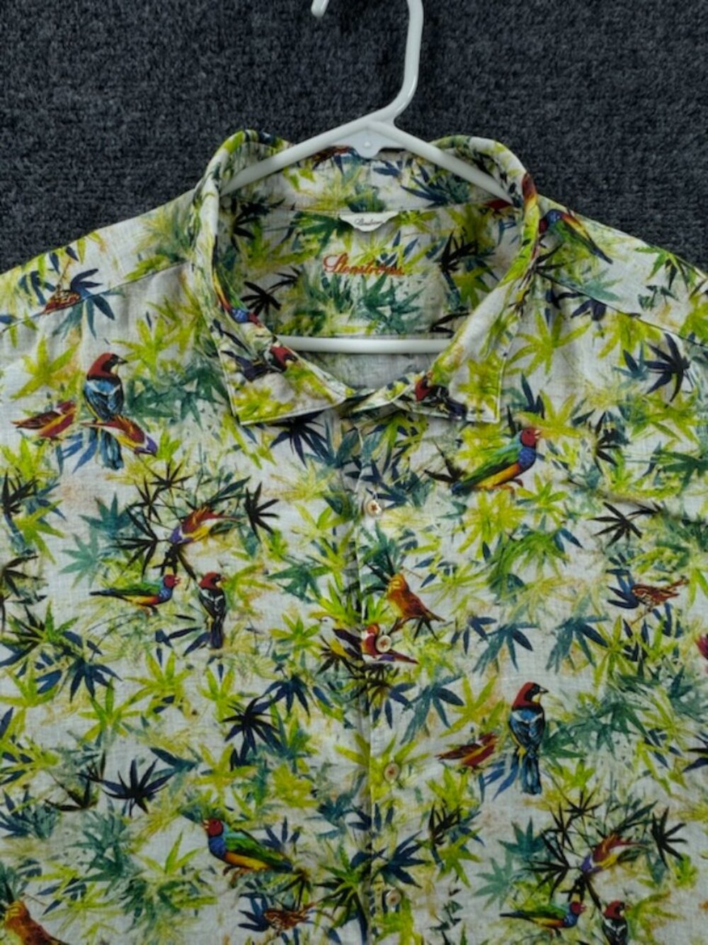 Stenstroms Bird Print Logo Men 5XL Green White Linen Shirt Swedish Elegant Woven